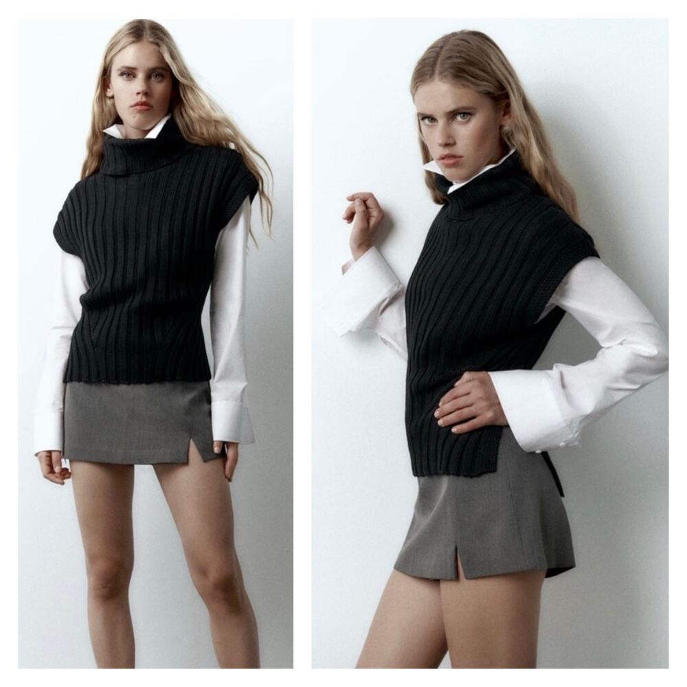 Zara Black Ribbed Chunky Knit Turtleneck Sleeveless Sweater Vest Medium